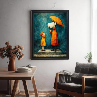 Whimsical art print in a black wood frame hanging on a wall in a modern living space with a leather armchair and a wooden table.