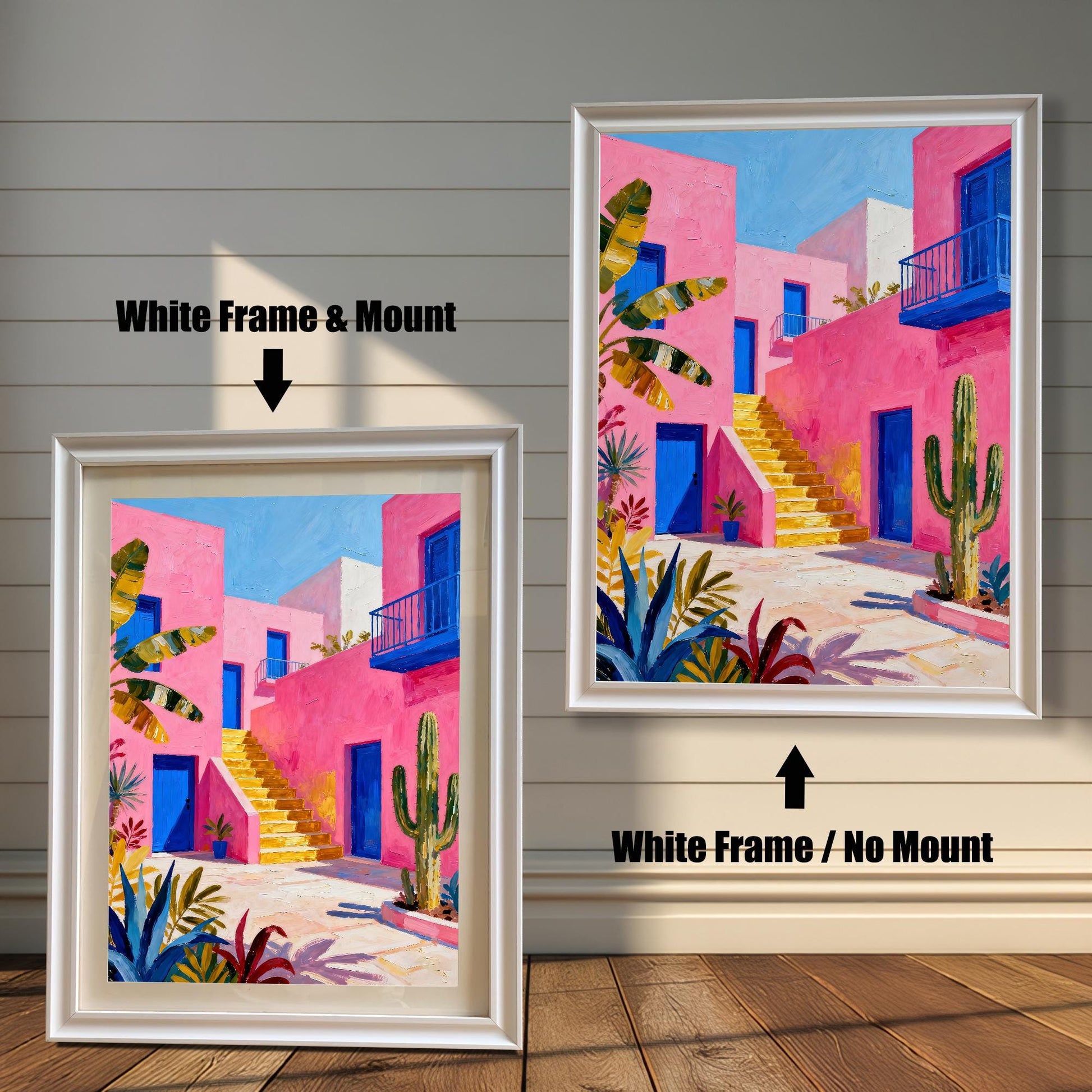 Two options for framing a colorful pink, blue, and yellow print: one on the left with a White Frame & Mount (matting), and the larger one on the right with a White Frame / No Mount.