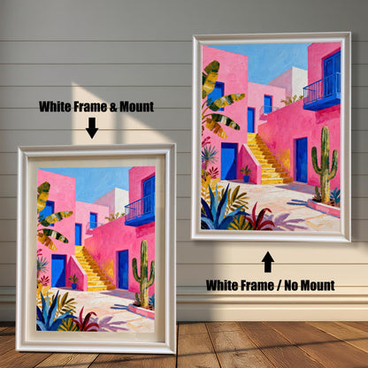 Two options for framing a colorful pink, blue, and yellow print: one on the left with a White Frame & Mount (matting), and the larger one on the right with a White Frame / No Mount.