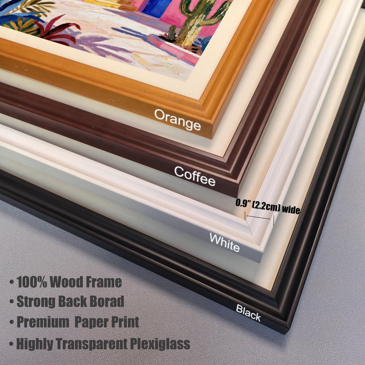 A close-up corner view of the four available frame colors: Orange, Coffee, White, and Black, noting they are 100% Wood, 0.9" (2.2cm) wide, and include Plexiglass.