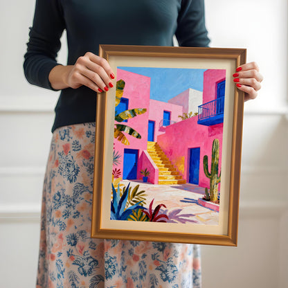 A person wearing a dark top and floral skirt holds a framed print of a vibrant pink building with blue doors and yellow stairs, set in a gold or Orange Frame with a Mount.
