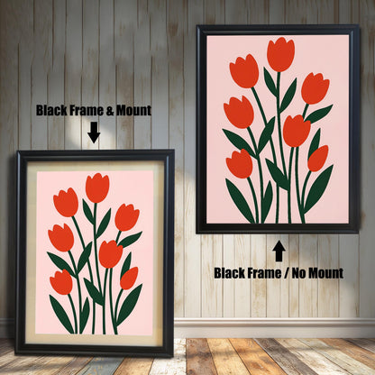 Two framed versions of the red tulip art. The left shows a "Black Frame & Mount" (with matting); the right shows a "Black Frame / No Mount" (no matting).
