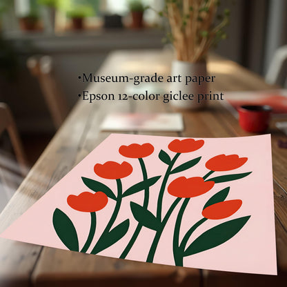 An unframed print of the red tulip art rests on a wooden table, next to text highlighting features: "Museum-grade art paper" and "Epson 12-color giclee print."