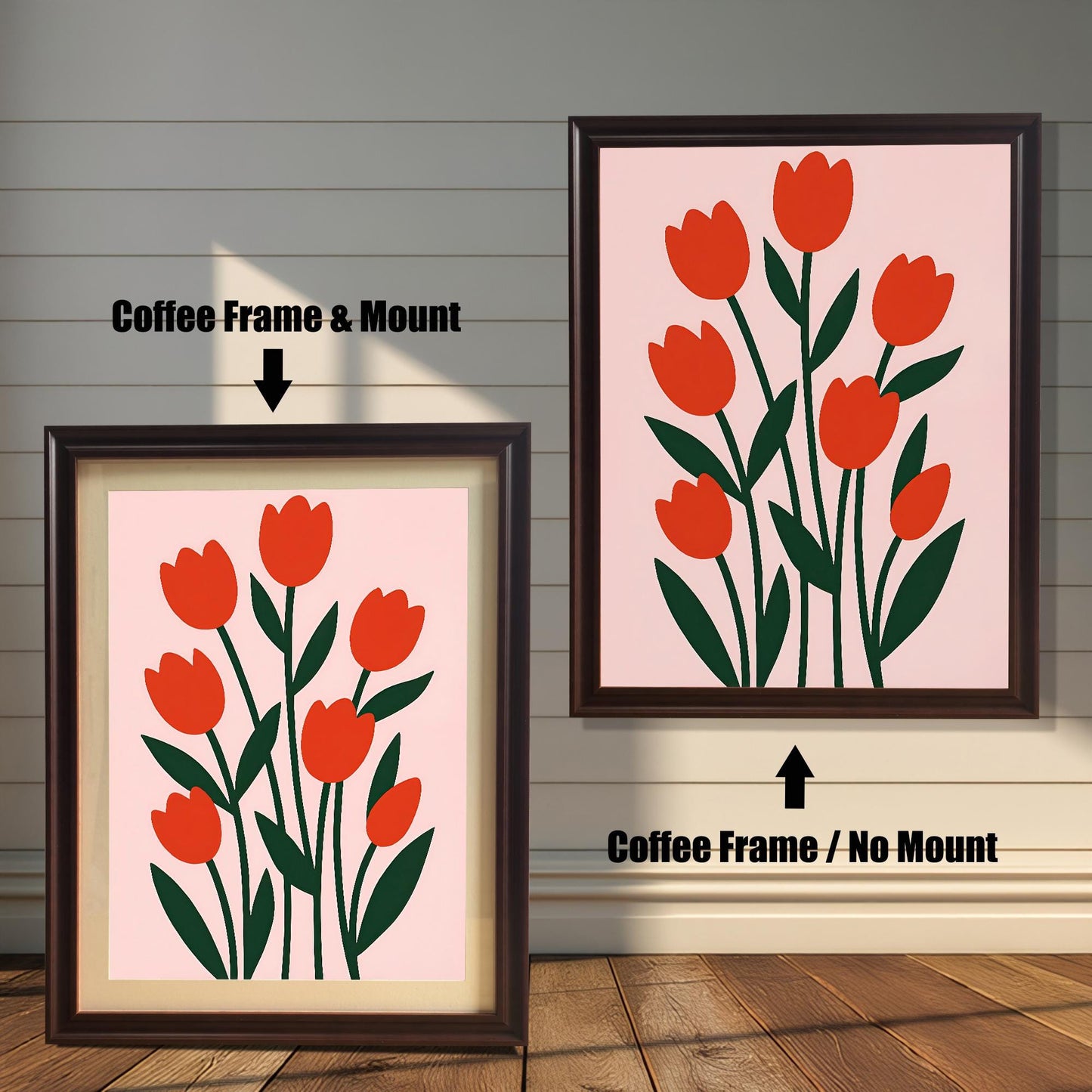 Two framed versions of the red tulip art. The left shows a "Coffee Frame & Mount" (with matting); the right shows a "Coffee Frame / No Mount" (no matting).