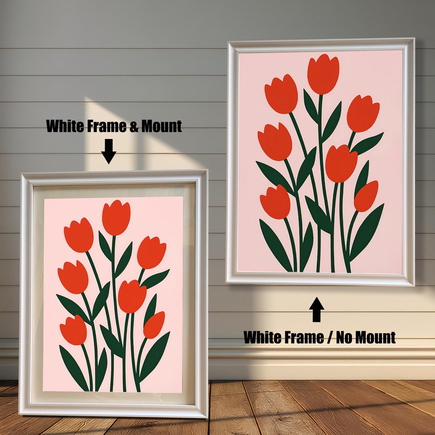 Two framed versions of the red tulip art. The left shows a "White Frame & Mount" (with matting); the right shows a "White Frame / No Mount" (no matting).