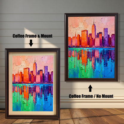 Two framed versions of the vibrant skyline painting. The left shows a "Coffee Frame & Mount" (with matting); the right shows a "Coffee Frame / No Mount" (no matting).