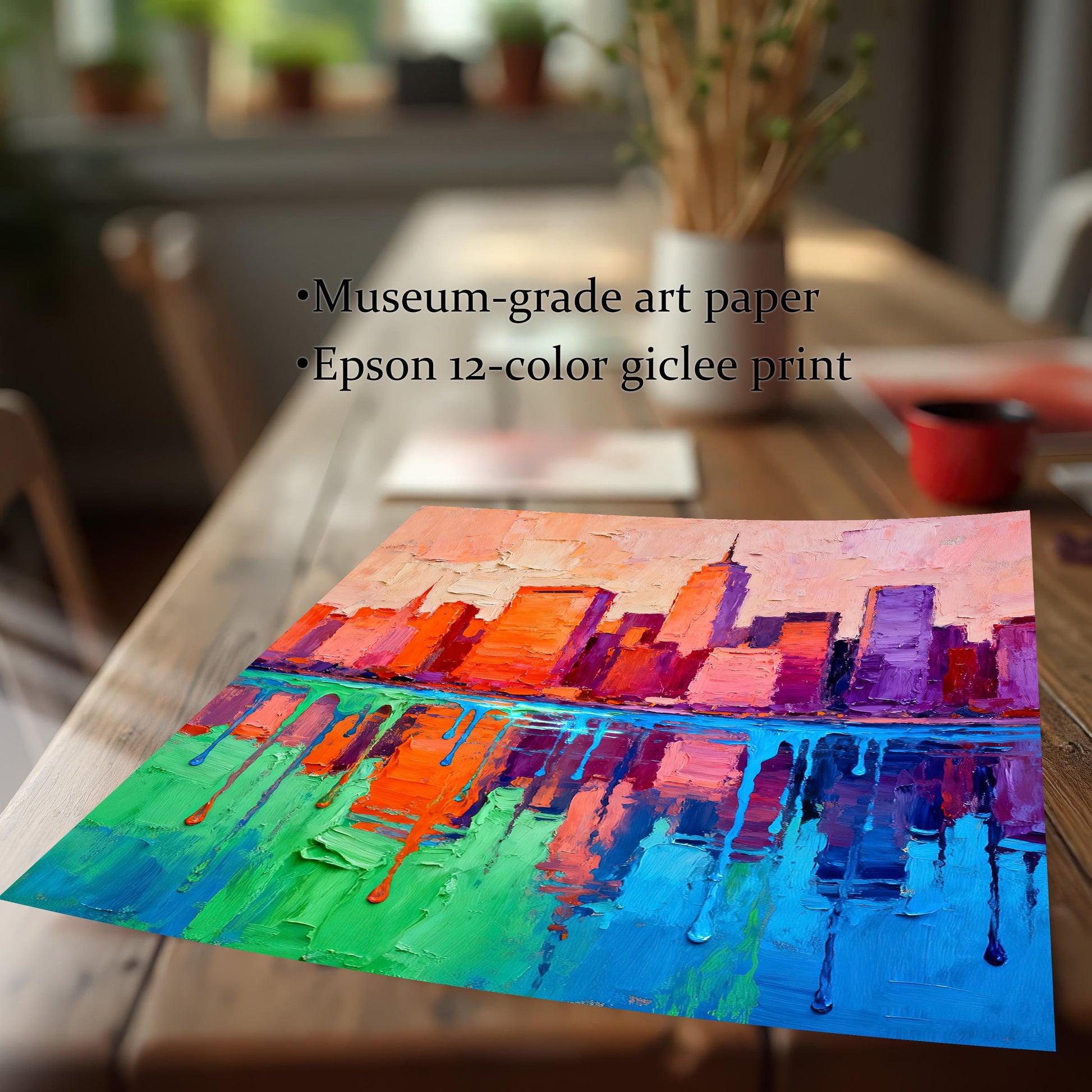 An unframed print of a vibrant, impasto skyline painting with orange/purple buildings reflecting in green/blue water, resting on a wooden table. Text lists "Museum-grade art paper" and "Epson 12-color giclee print."