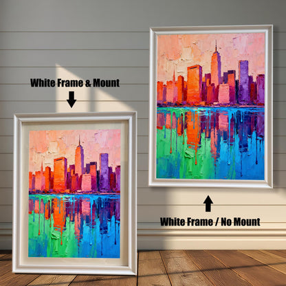 Two framed versions of the vibrant skyline painting. The left shows a "White Frame & Mount" (with matting); the right shows a "White Frame / No Mount" (no matting).