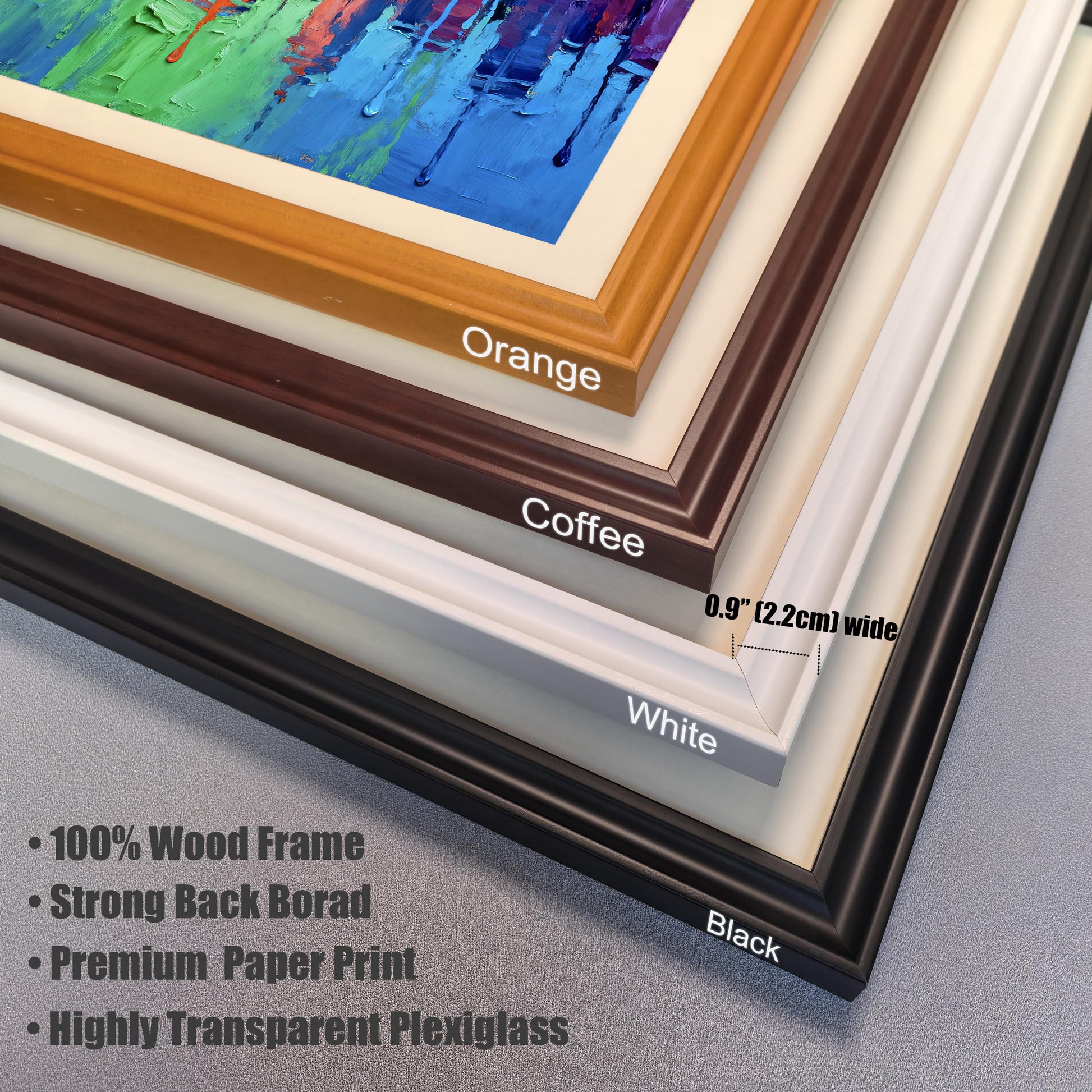 A close-up view showing four stacked frame corners: Orange, Coffee, White, and Black. Key features like "100% Wood Frame" and dimensions (0.9" wide) are listed.