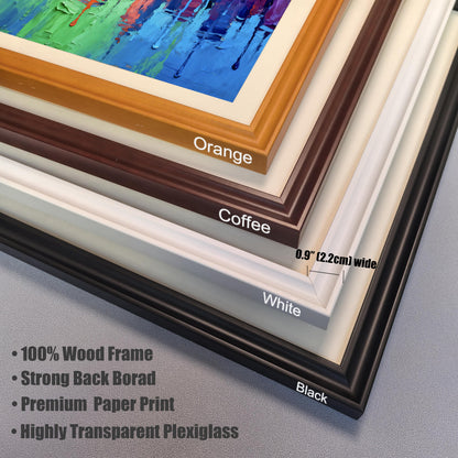 A close-up view showing four stacked frame corners: Orange, Coffee, White, and Black. Key features like "100% Wood Frame" and dimensions (0.9" wide) are listed.