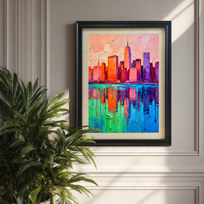 A black-framed, impasto painting of a vibrant cityscape with orange and purple buildings reflected in green and blue water, hanging on a beige paneled wall next to a large potted plant.