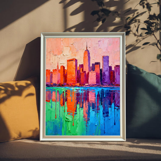 A white-framed, impasto painting of a colorful city skyline is resting on a beige sofa, propped between a yellow and a dark green pillow, with leaf shadows cast by the sun.