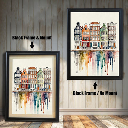 Comparison image showing the watercolor cityscape print in a Black Frame & Mount (with a beige border/mat) on the left, and a Black Frame / No Mount (without border) on the right.