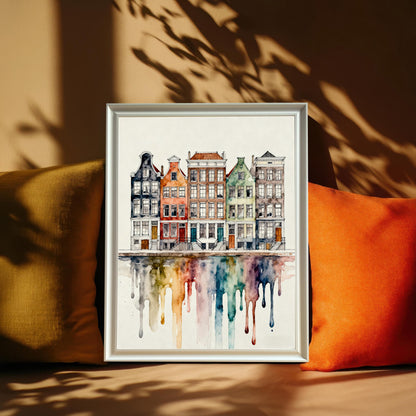 Watercolor print of colorful canal houses with a dripping rainbow reflection, framed in a white frame propped against a couch between a yellow and an orange pillow, with sunlight casting plant shadows.