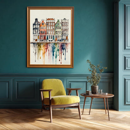 Watercolor print of colorful canal houses with a dripping reflection, displayed in an orange frame and hanging on a striking dark teal wall above a yellow armchair.