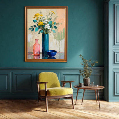 Large framed art print in an Orange wood frame hanging on a dark teal wall above a yellow armchair and small side table, showing a cozy interior setting.
