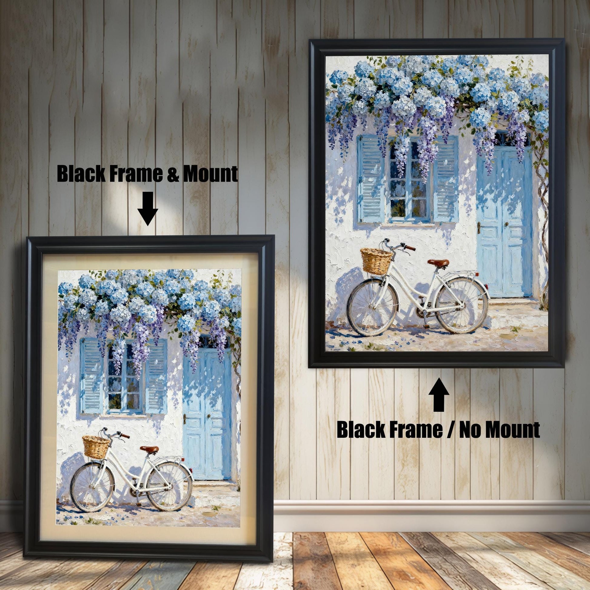 Comparison of a Black-framed print with a light mount (mat) and the same Black-framed print without a mount (full print visible).
