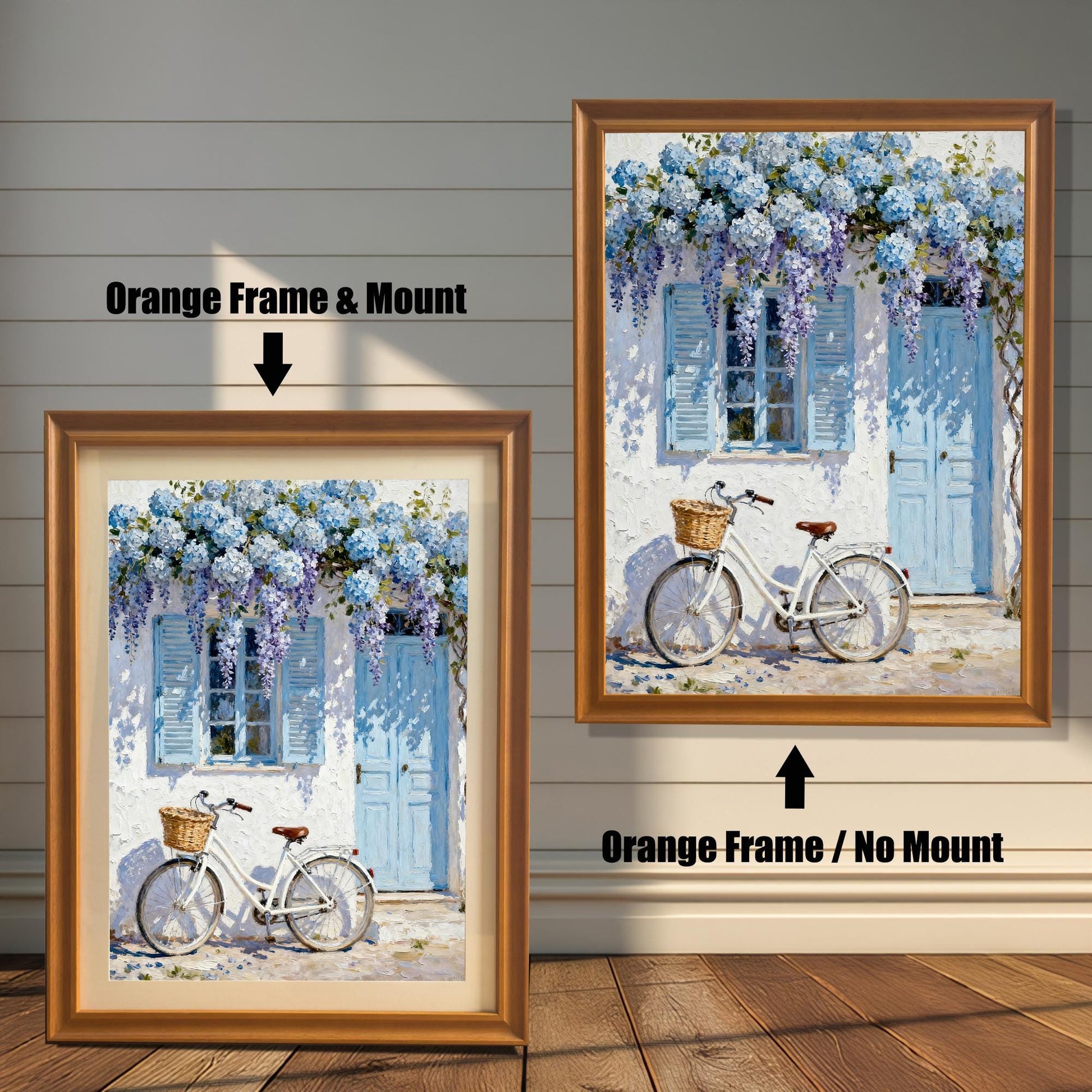 Comparison of an Orange-framed print with a light mount (mat) and the same Orange-framed print without a mount (full print visible).