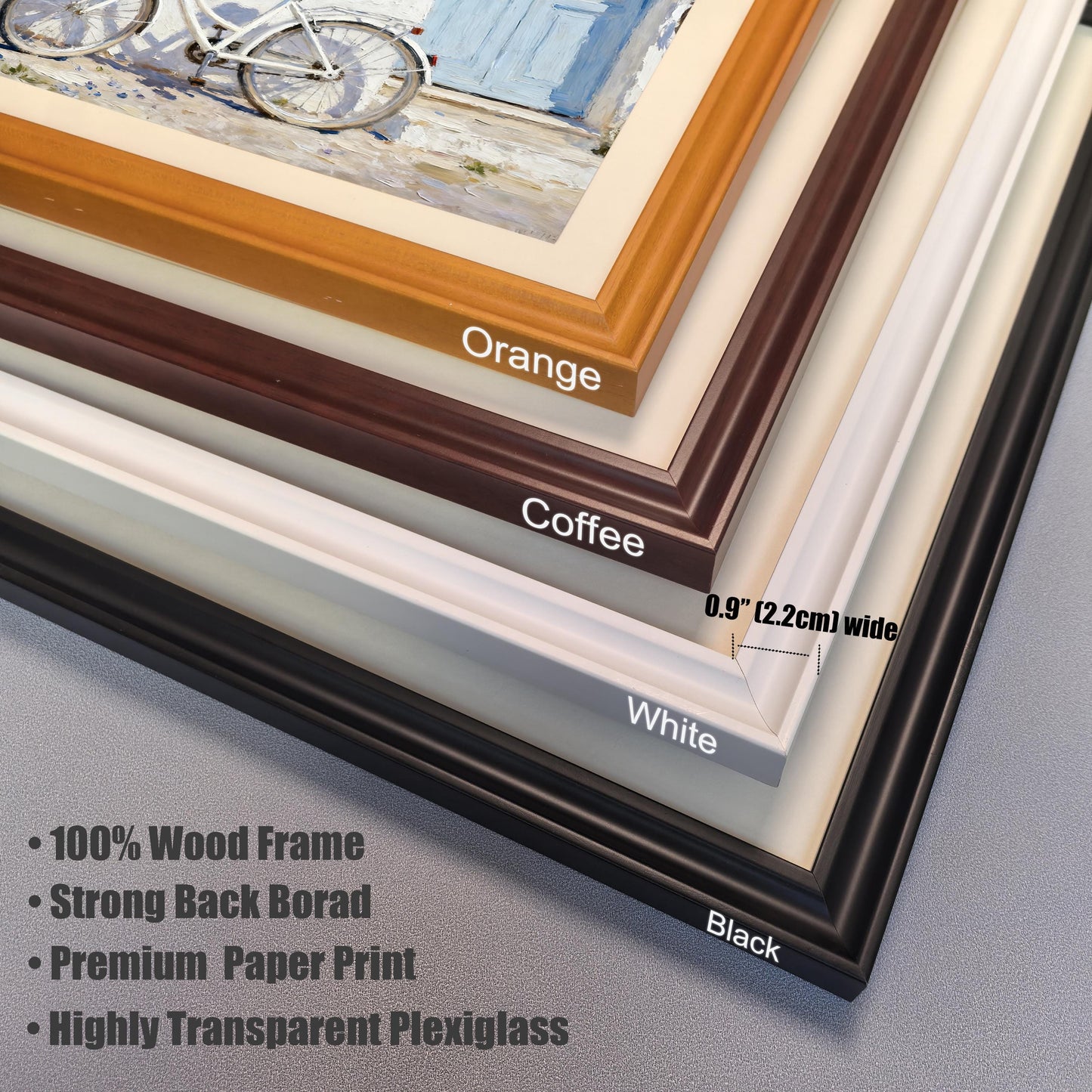 Close-up view of the four available wood frame colors: Orange, Coffee, White, and Black. Includes product features: 0.9 inches (2.2 cm) wide, 100%-wood frame, premium paper print, and highly transparent plexiglass.