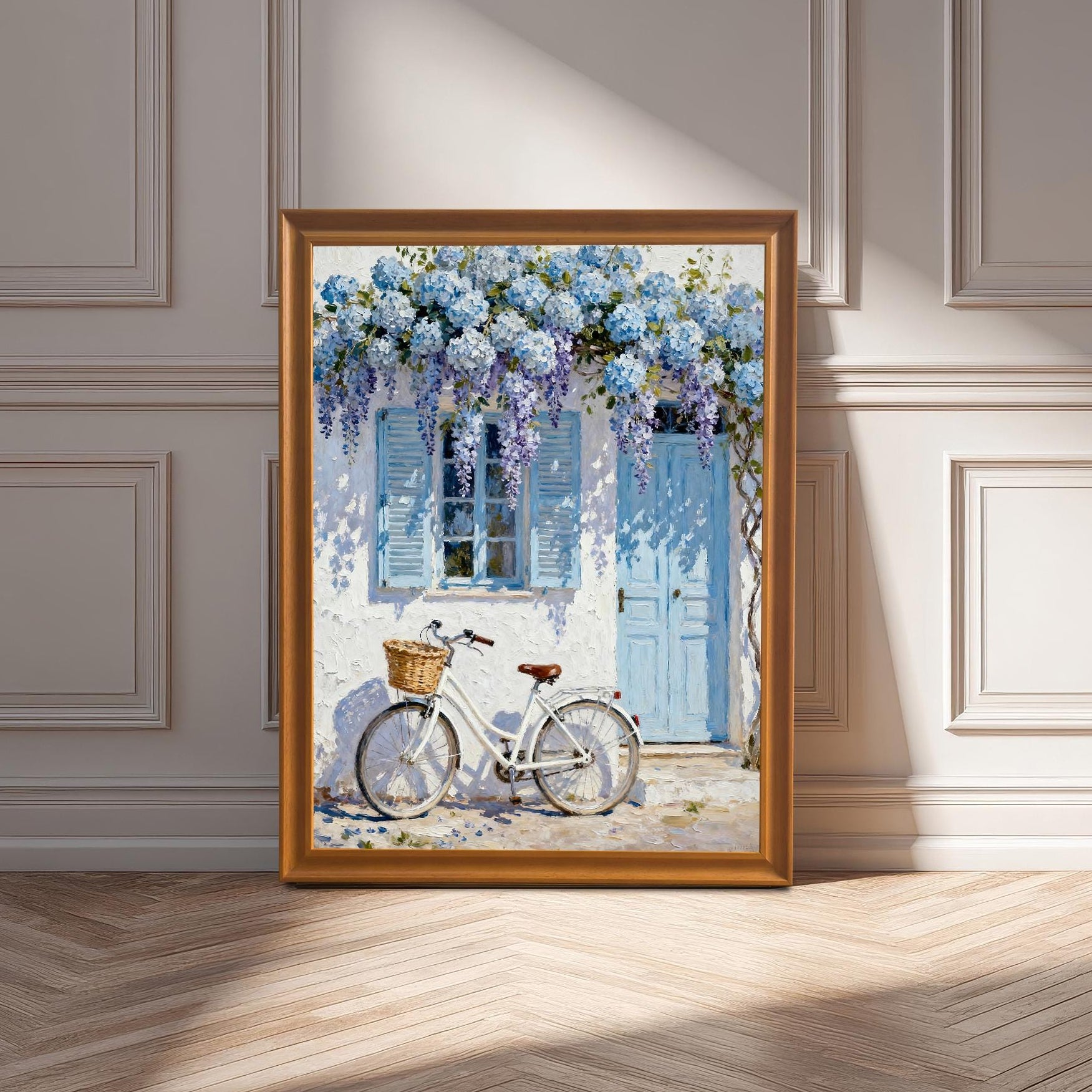 Framed art print in an Orange wood frame leaning against a light wall with paneling on a wooden floor, showcasing the bright, summery colors