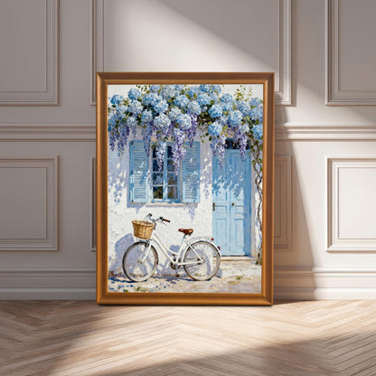 Framed art print in an Orange wood frame leaning against a light wall with paneling on a wooden floor, showcasing the bright, summery colors
