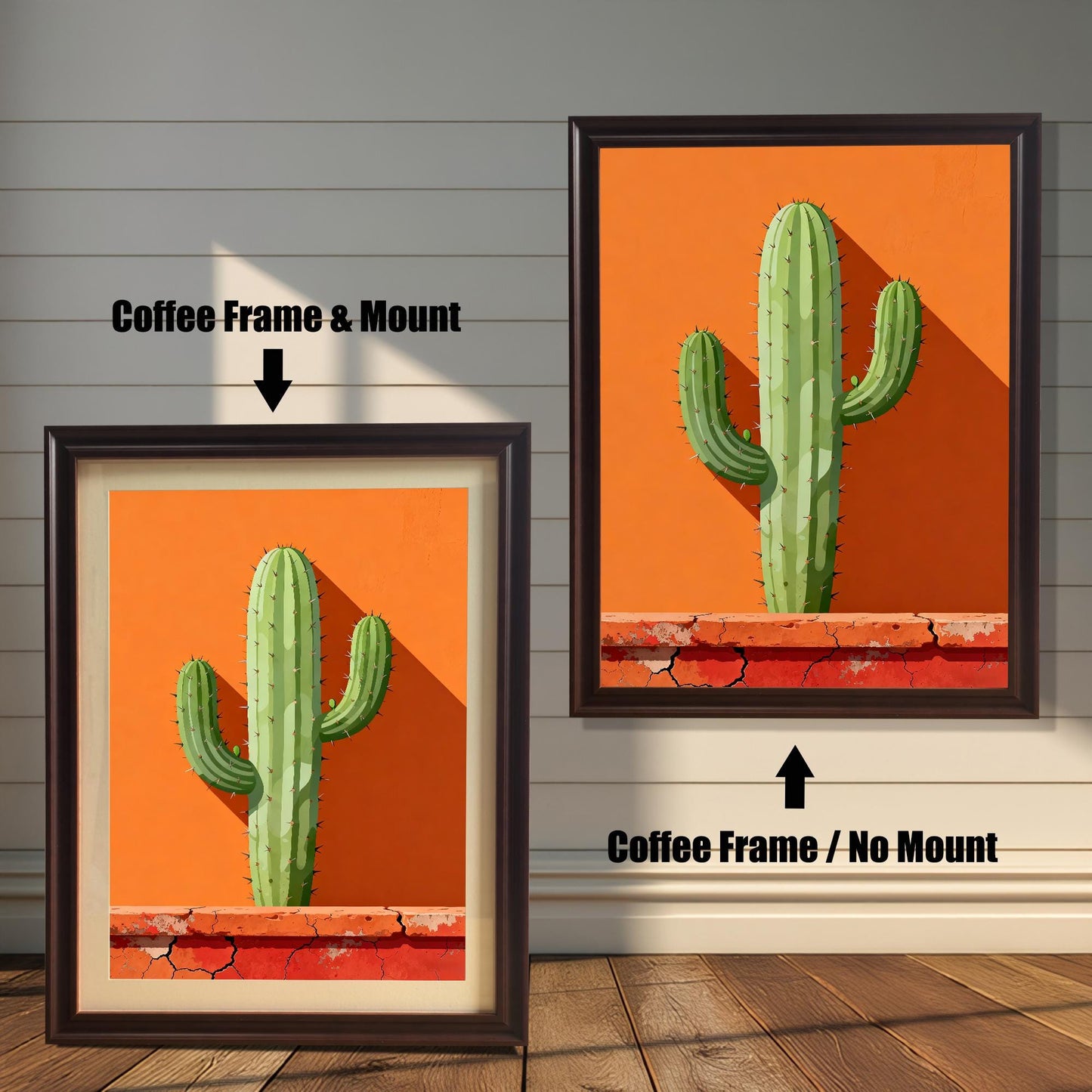 Comparison of a Coffee-framed cactus print with a cream-colored mount (mat) and the same Coffee-framed print without a mount (full print visible).