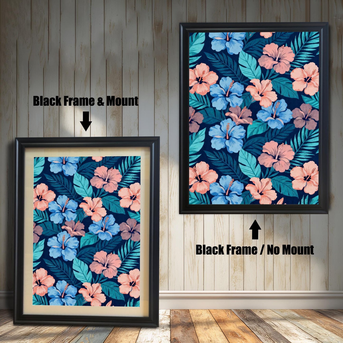 Comparison of a Black-framed hibiscus print with a light mount (mat) and the same Black-framed print without a mount (full print visible).
