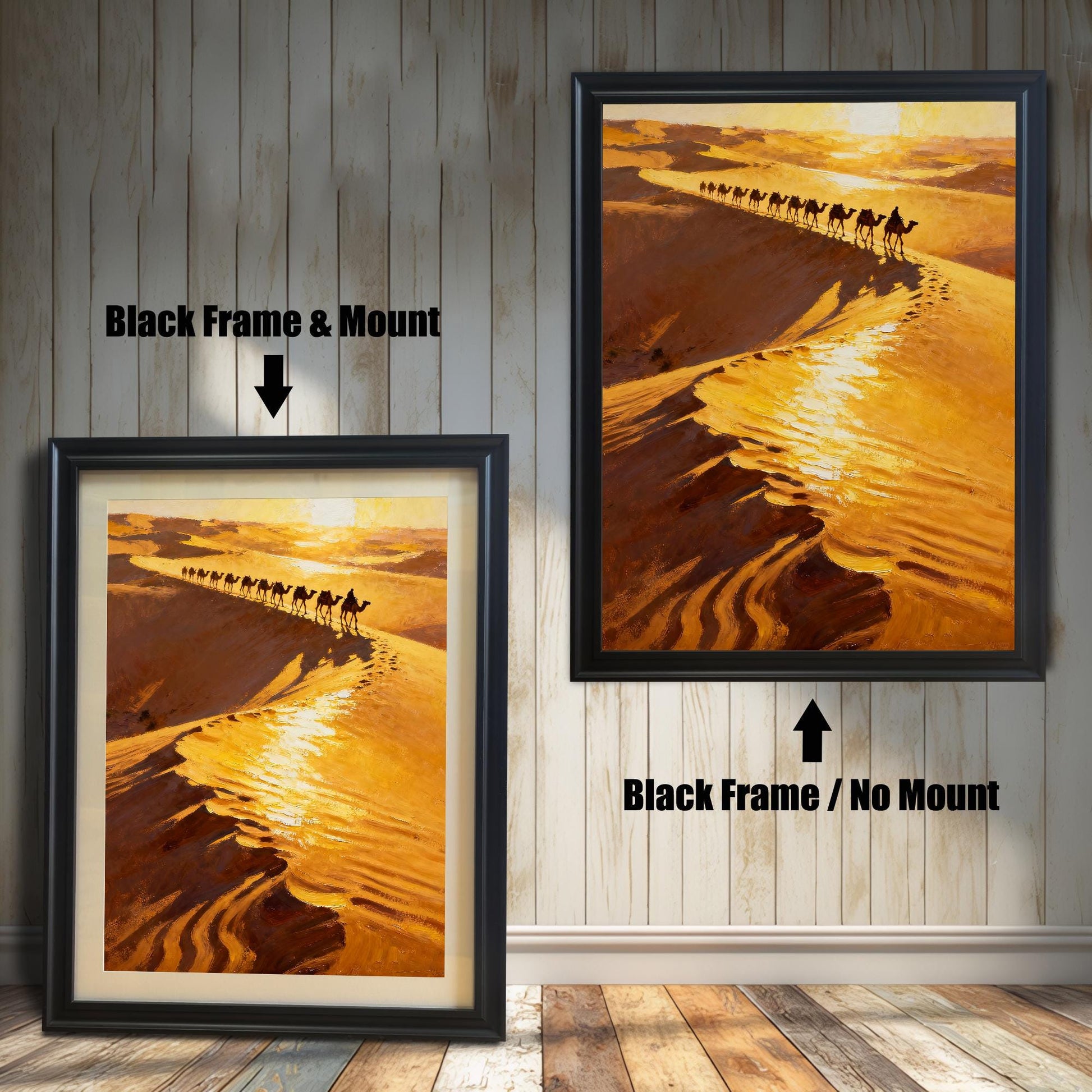Comparison image showing the art print in a Black Frame. On the left, a Black Frame with a cream-colored Mount (mat) is shown. On the right, a Black Frame with No Mount is shown, indicating two framing styles.