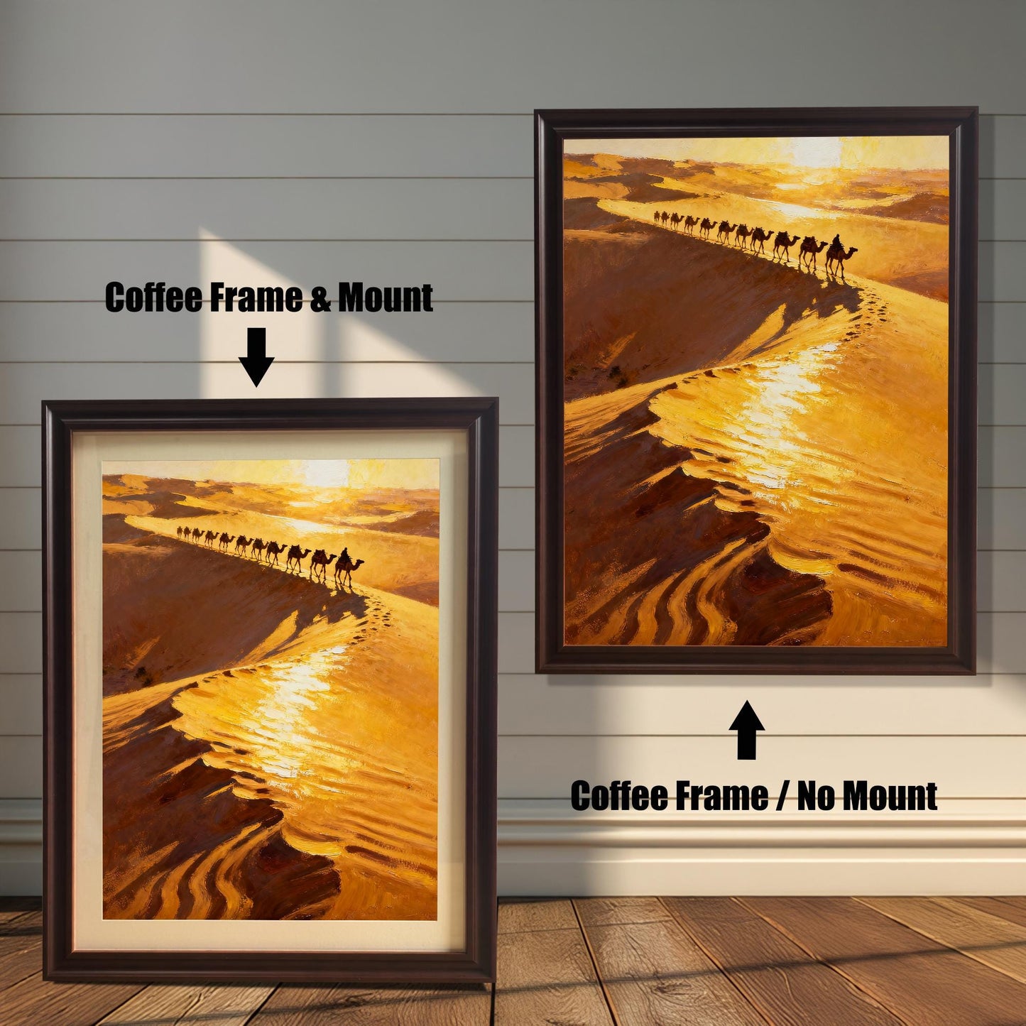 Comparison image showing the art print in a Coffee (dark brown) Frame. On the left, a Coffee Frame with a Mount is shown. On the right, a Coffee Frame with No Mount is shown, indicating two framing styles.