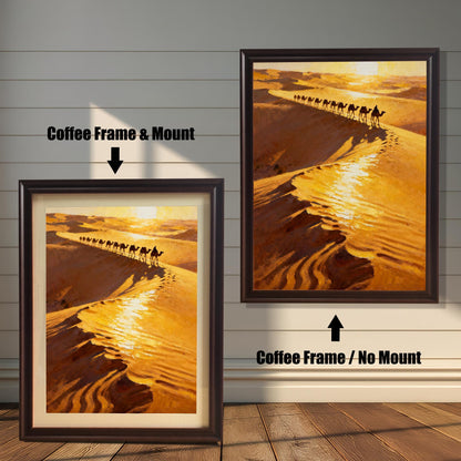 Comparison image showing the art print in a Coffee (dark brown) Frame. On the left, a Coffee Frame with a Mount is shown. On the right, a Coffee Frame with No Mount is shown, indicating two framing styles.