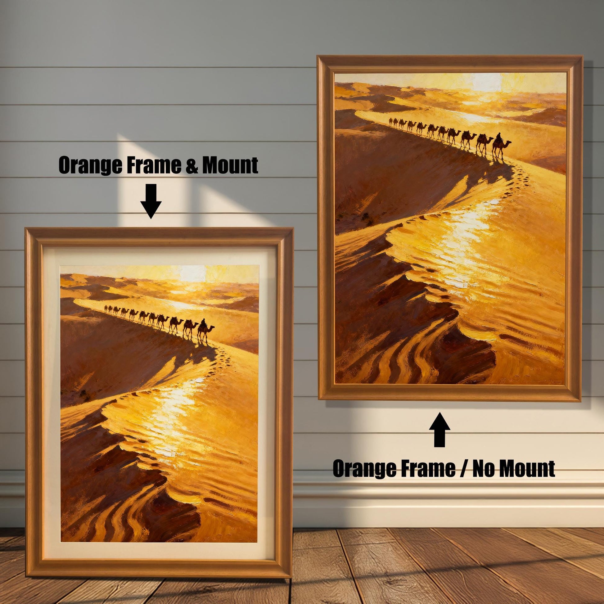 Comparison image showing the art print in an Orange Frame. On the left, an Orange Frame with a Mount is shown. On the right, an Orange Frame with No Mount is shown, indicating two framing styles.