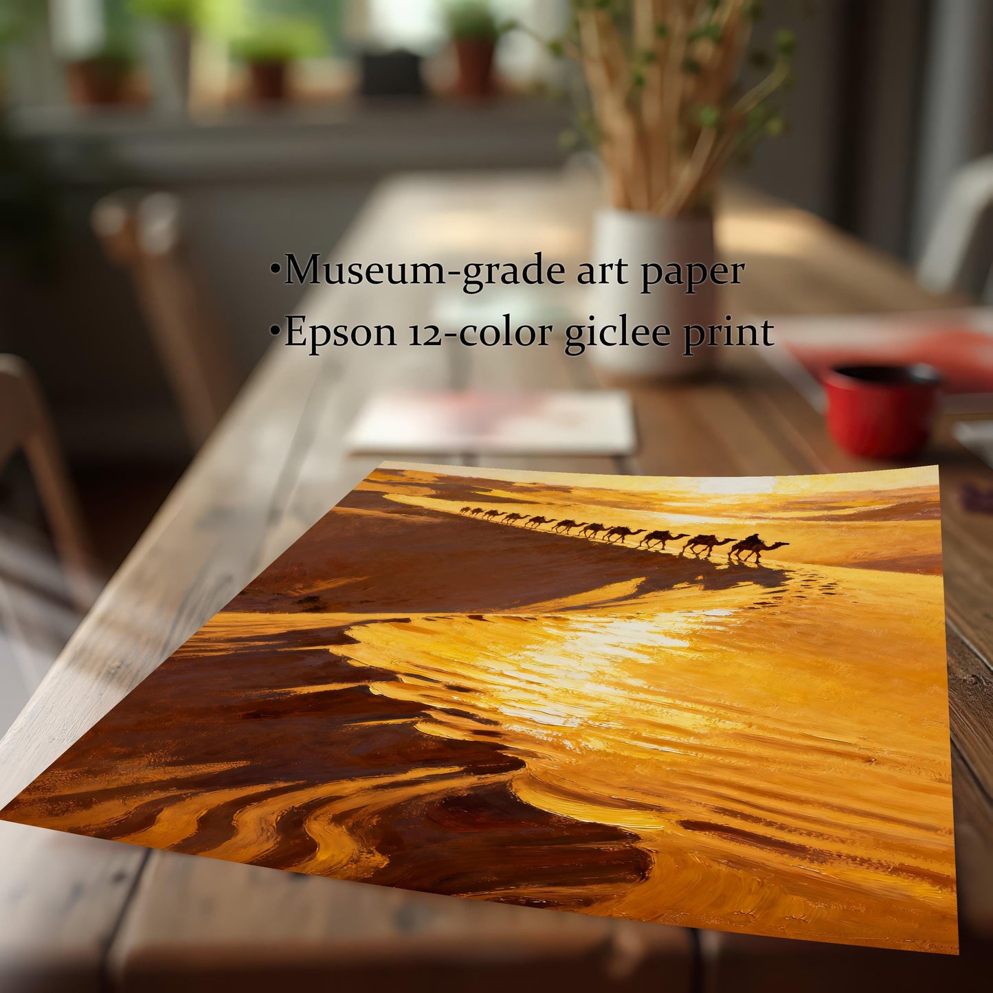 A high-quality print of the desert camel caravan artwork resting on a wooden table, emphasizing the print's texture. Text overlay highlights product features: "Museum-grade art paper" and "Epson 12-color giclee print."