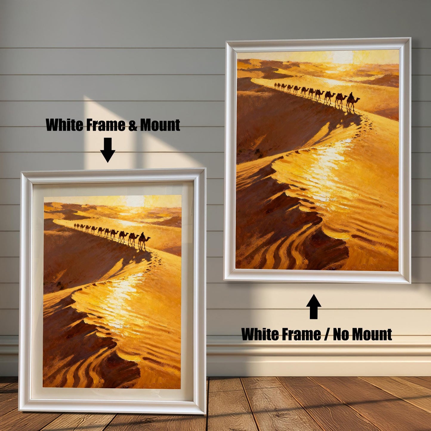 Comparison image showing the art print in a White Frame. On the left, a White Frame with a Mount is shown. On the right, a White Frame with No Mount is shown, indicating two framing styles.