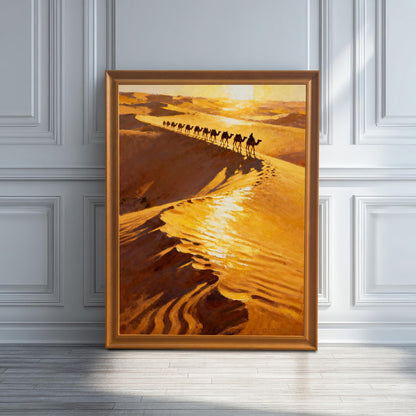 Vertical, full-size framed art print showing a caravan of camels walking across sunlit, golden desert sand dunes, set against a white wainscoting wall, with a dramatic shadow cast by light from the side.
