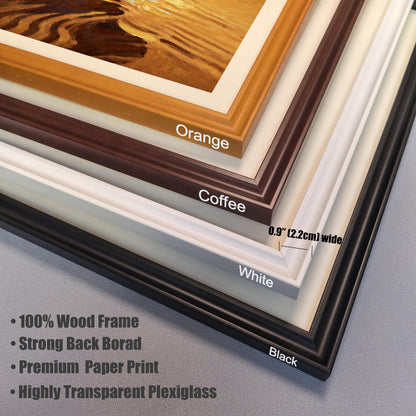 Close-up, stacked corner view of the four available frame colors: Orange, Coffee, White, and Black. Text highlights frame materials: "100% Wood Frame," "Strong Back Board," "Premium Paper Print," and "Highly Transparent Plexiglass." The frame width is specified as 0.9" (2.2cm) wide.