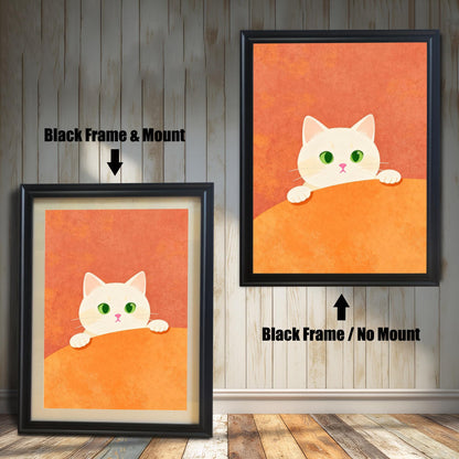 Comparison image showing the cat art print in a Black Frame. On the left, a Black Frame with a Mount is shown. On the right, a Black Frame with No Mount is shown, indicating two framing styles.