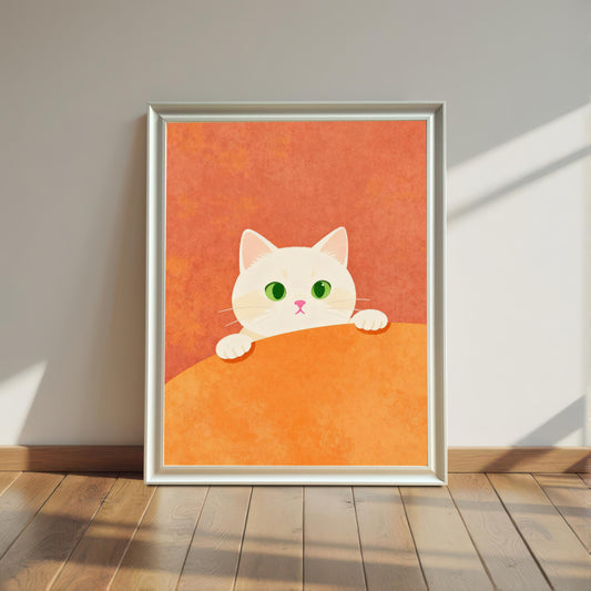 The cute white cat art print in a White Frame with No Mount, leaning against a simple white wall on a wooden floor, with dramatic sunlight stripes casting shadows across the room.