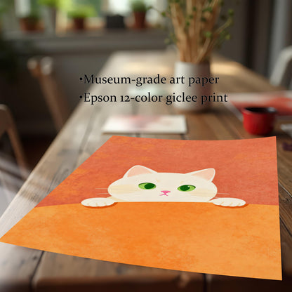 A high-quality print of the white cat artwork resting on a wooden table, emphasizing the print's texture. Text overlay highlights product features: "Museum-grade art paper" and "Epson 12-color giclee print."