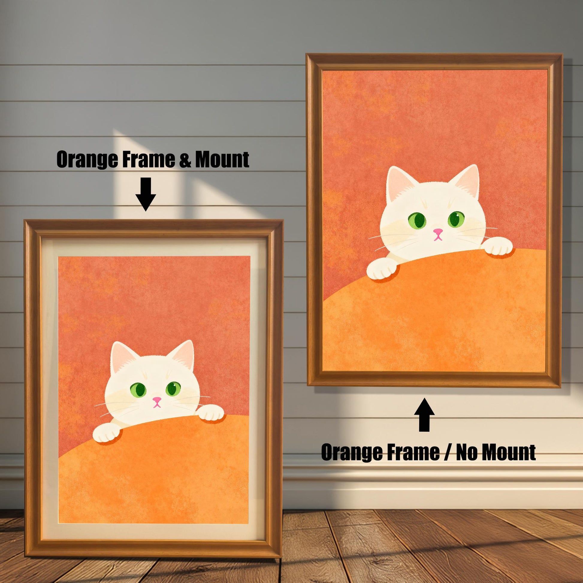 Comparison image showing the cat art print in an Orange Frame. On the left, an Orange Frame with a Mount is shown. On the right, an Orange Frame with No Mount is shown, indicating two framing styles.