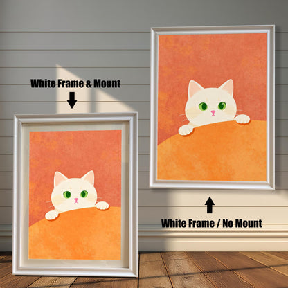 Comparison image showing the cat art print in a White Frame. On the left, a White Frame with a Mount (mat) is shown. On the right, a White Frame with No Mount is shown, indicating two framing styles.