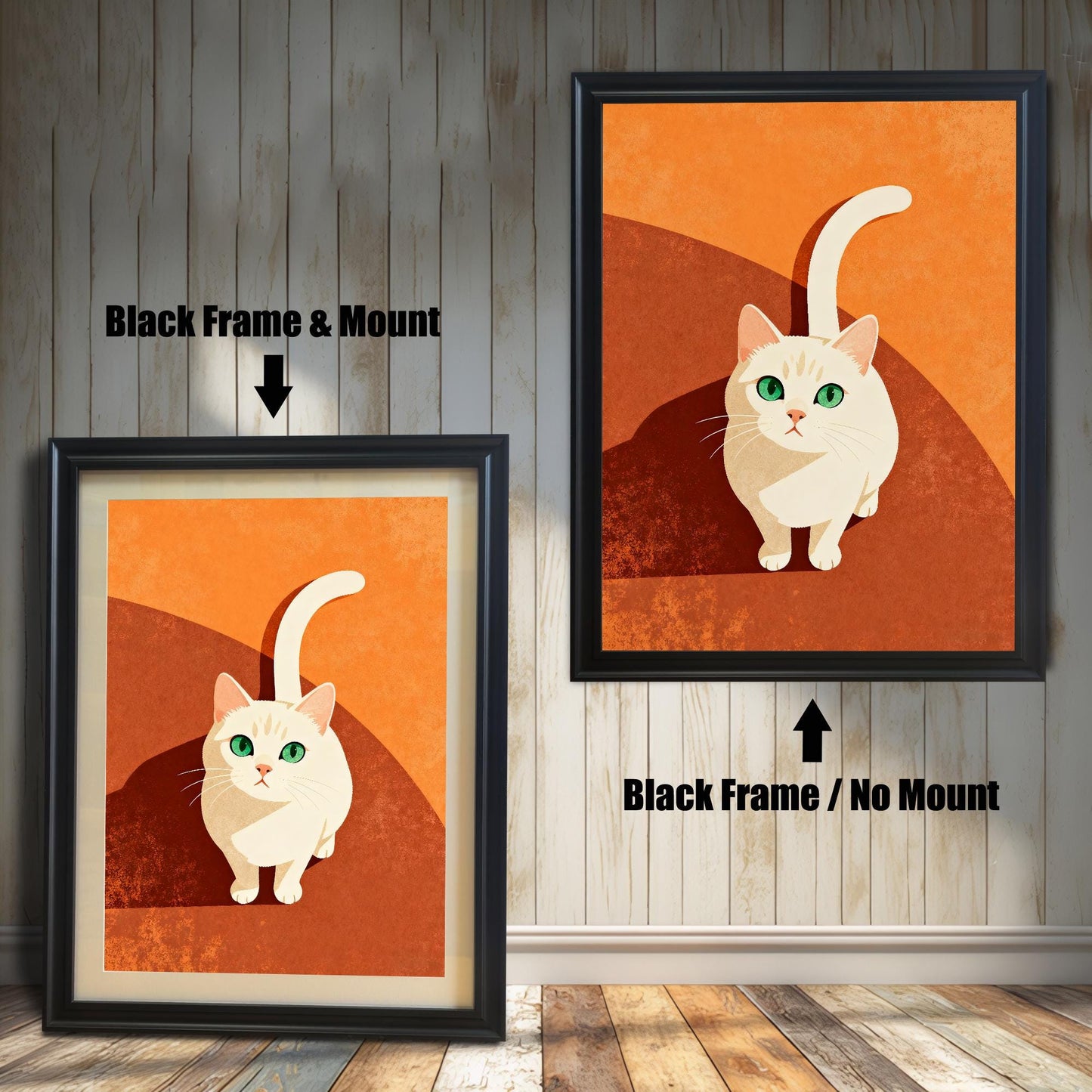 Comparison image showing the cat art print in a Black Frame. On the left, a Black Frame with a Mount is shown. On the right, a Black Frame with No Mount is shown, indicating two framing styles.