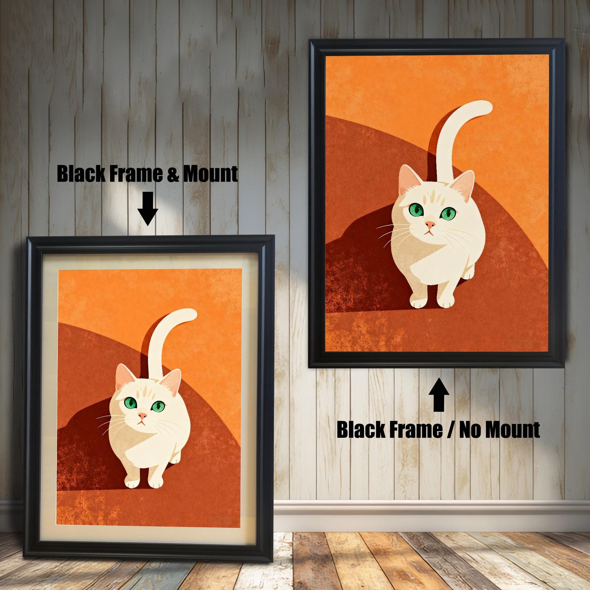 Comparison image showing the cat art print in a Black Frame. On the left, a Black Frame with a Mount is shown. On the right, a Black Frame with No Mount is shown, indicating two framing styles.