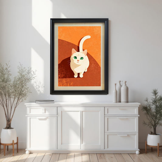 Vertical art print of a white cat with a long tail and green eyes, set against an orange and rust-brown abstract background, framed in Black with No Mount. The art hangs centered above a white modern console table with decorative white vases and is flanked by two small potted trees.