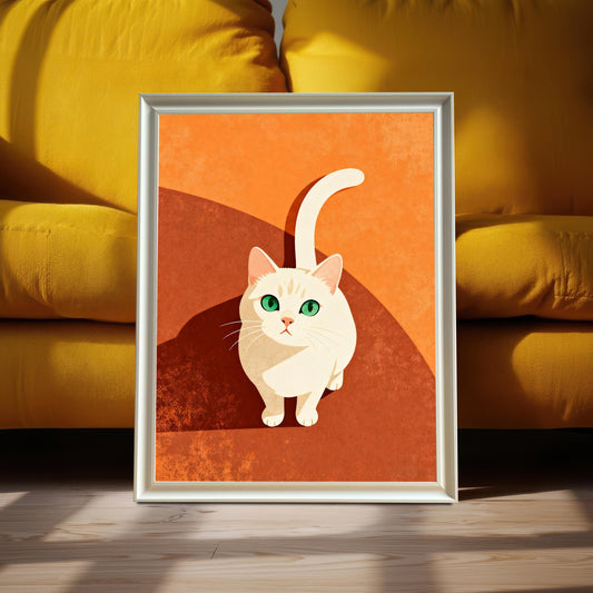 The cute white cat art print in a Silver/White Frame with No Mount, standing on a wooden floor, set against a bright, mustard-yellow couch, showcasing the contrasting colors and sunlight.