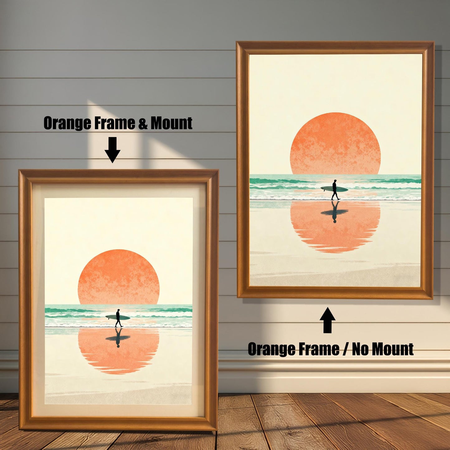 Comparison image showing the surfer print in an Orange Frame. On the left, an Orange Frame with a Mount is shown. On the right, an Orange Frame with No Mount is shown, indicating two framing styles for this surfer beach sunset art.
