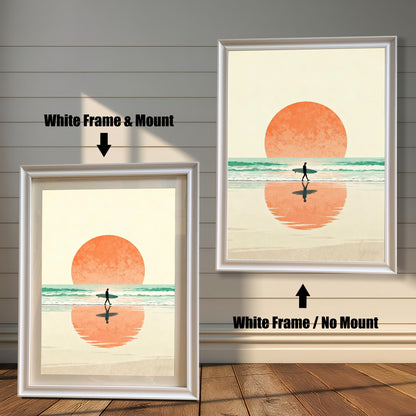 Comparison image showing the surfer print in a White Frame. On the left, a White Frame with a Mount is shown. On the right, a White Frame with No Mount is shown, indicating two framing styles for the beach art.