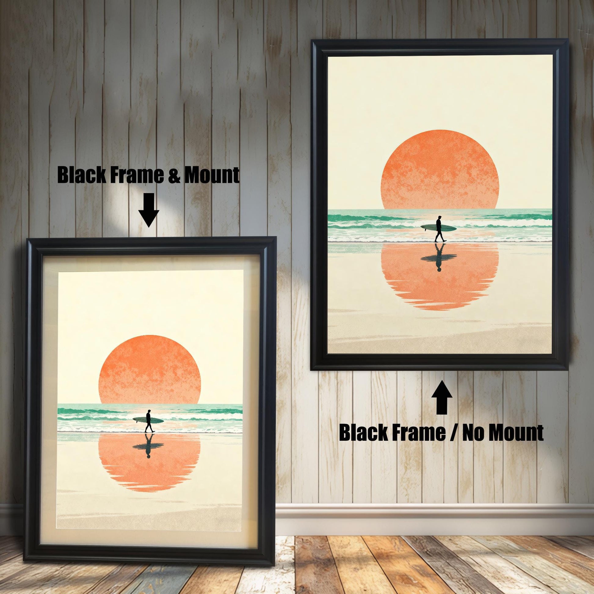 Comparison image showing the surfer print in a Black Frame. On the left, a Black Frame with a Mount is shown. On the right, a Black Frame with No Mount is shown, indicating two framing styles for the coastal surfer print.