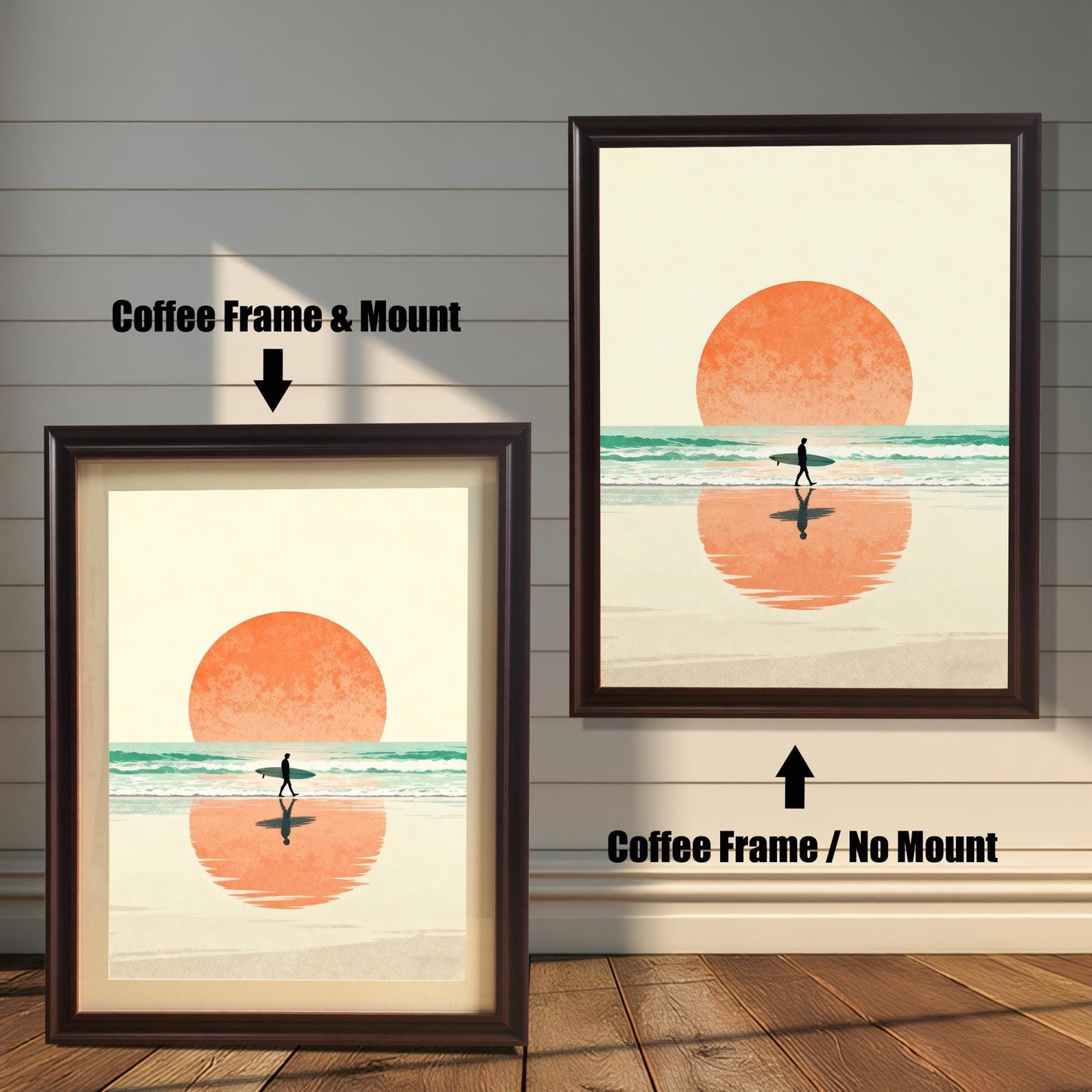 Comparison image showing the surfer print in a Coffee (dark brown) Frame. On the left, a Coffee Frame with a Mount is shown. On the right, a Coffee Frame with No Mount is shown, indicating two framing styles.
