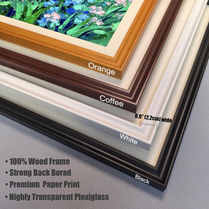 Stacked corner samples of the 0.9" (2.2cm) wide wood frames in four colors: Orange, Coffee, White, and Black. Bullet points list features: "100% Wood Frame," "Strong Back Board," "Premium Paper Print," and "Highly Transparent Plexiglass."