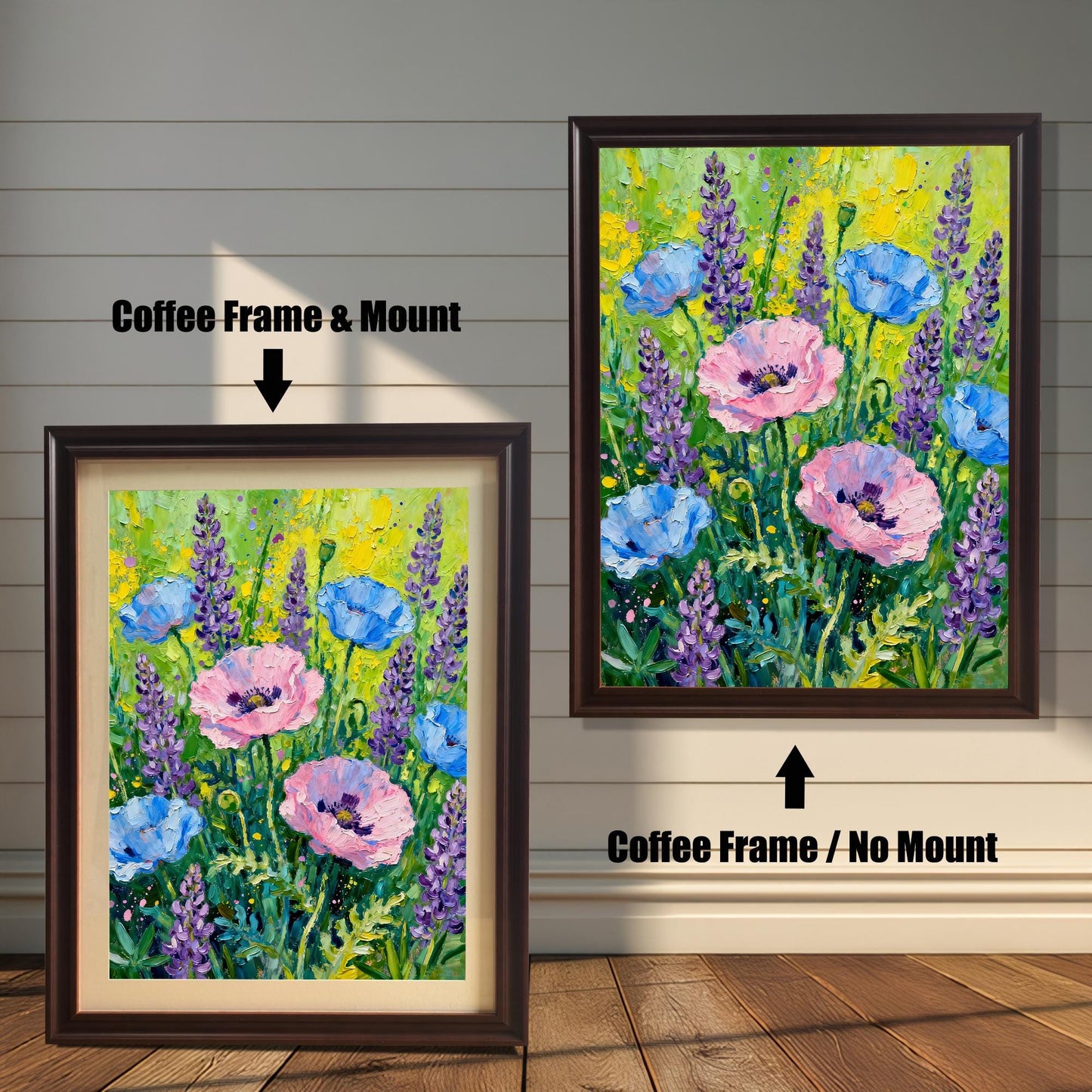 Abstract floral art print featuring pink poppies, blue poppies, and purple lavender. Shown in two framed options: a Coffee Frame with a Mount (lighter border/mat) on the left, and a Coffee Frame with No Mount on the right.